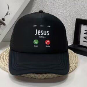 Black cap unisex with " Jesus is calling " on the front .